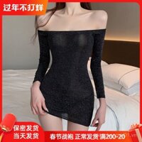 Người nổi tiếng internet sexy hot girl váy bodycon đen ngắn tay hở vai lấp lánh, cosplay nữ mong muốn thuần khiết FCI1