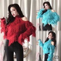 Người Nổi Tiếng Nữ Lột Vai Viền Top Nữ Ngắn Rời Phong Cách Nhẹ Nhàng Áo Len Dệt Kim 25.1.2