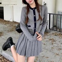 Người Nổi Tiếng Phong Cách Chanel Dệt Kim Phù Hợp Với Nữ 2024 Đầu Thu Phong Cách Mới Màu Sắc Tương Phản Áo Khoác Cardigan Váy Xếp Ly Bộ Đồ Hai Mảnh