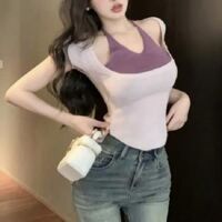 Nguyên Chất Desire Nữ Ảo Ảnh Dây Cổ Dệt Kim Top Gợi Cảm 2 Mùa Hè Áo Chui Đầu Ngọt Cay Phong Cách Lệch Vai