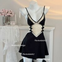 Nguyên Chất Desire Phong Cách Gợi Cảm Pháp Váy Ngủ Ren Cổ Chữ v Dây Bộ Đồ Ngủ Loungewear Váy Ngủ Váy Nhỏ