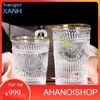 (NH) [Đồ decor] Bộ 6 cốc ly thủy tinh pha lê mạ vàng họa tiết trống đồng chịu nhiệt sang trọng - Phong cách Bắc Âu