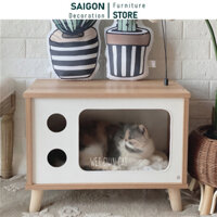 Nhà cho mèo chuồng mèo gỗ giá rẻ mẫu tivi thiết kế hiện đại di chuyển linh hoạt - SGP210