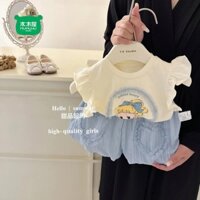 Nhà Gỗ Quần Áo Trẻ Em Bé Gái Công Chúa Elsa Xù Nhỏ Bay Tay Áo Vest Tình Yêu Dễ Thương Hoa Bud Quần Phù Hợp Với Thời Trang