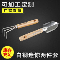 Nhà sản xuất cung cấp bộ dụng cụ mini hai mảnh bằng thép không gỉ, tay cầm gỗ, dụng cụ làm vườn mini, xẻng, cào, thuổng