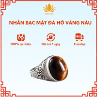 NHẪN BẠC MẶT ĐÁ HỔ VÀNG NÂU_100% TỰ NHIÊN_MỆNH MỘC_MỆNH VIBES_NB#02