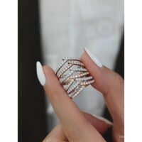 Nhẫn bạc nguyên chất Venorix [Bạc thật S925] Mạ vàng 14K, nhẫn cưới đôi đầy đủ kim cương, có thể xếp chồng lên nhau