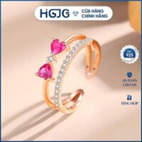 Nhẫn Bạc Nữ 925 HGJG Dạng Kép 2 Tầng Đính Đá Lấp Lánh Nhẫn Nữ Hình Trái Tim Nơ Hồng Nhẫn Hở Dễ Đeo