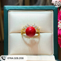 Nhẫn bạc xi vàng đính đá san ho đỏ thiết kế vương miện sang trọng