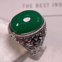 Nhẫn đá quý xanh ngọc lục bảo tự nhiên, chalcedony, agate, ngọc bích, bạc, nhẫn điều chỉnh cho nam giới D5B4