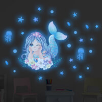 Nhãn dán tường nàng tiên cá phát sáng dễ thương, hoạt hình phát sáng, động vật nhỏ cầu vồng, trang trí phòng trẻ em, nhãn dán tự dính phát quang