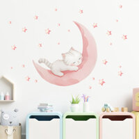 Nhãn dán tường tự dính hình mèo mặt trăng dễ thương, dòng màu hồng, phong cách nữ tính, trang trí tường phòng ngủ