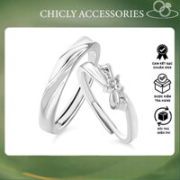Nhẫn đôi bạc đeo nam nữ CHICLY, cặp nhẫn Nơ thắt đính đá trái tim ngọt ngào bạc Ý tự điều chỉnh size CHICLY JEWELRY