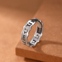 Nhẫn đôi S925 bạc sterling sáu ký tự tiếng Phạn cho nam và nữ, thiết kế rỗng, phong cách vintage, nhẫn mở có thể điều chỉnh