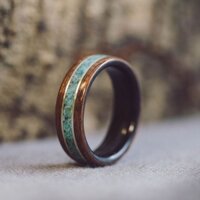 Nhẫn gỗ Mun và gỗ ốc chó đính đá turquoise và bạc được làm hoàn toàn thủ công bằng tay
