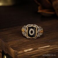 Nhẫn hạt Dzi phong cách Tây Tạng, khảm hạt Dzi nhân tạo, cảm giác retro vintage, nhẫn ngón trỏ điều chỉnh thanh lịch