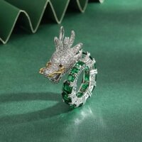 Nhẫn Hở Ba Chiều Đính Đá Zircon Ngọc Lục Bảo Đầu Rồng Năm Mới