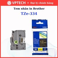 Nhãn in BROTHER siêu bền chống nước chịu nhiệt TZE-334 chữ vàng, nền đen, khổ 12mm - Hàng chính hãng