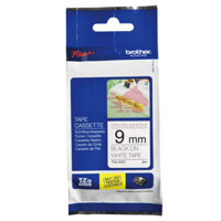 Nhãn in Brother TZE-S221, khổ rộng 9mm, chữ đen nền trắng, siêu dính.