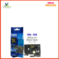 Nhãn In HZe-324 (TZe-324, TZ2-324), 9mm X 8m, Chữ Vàng Đồng Trên Nền Đen