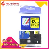 Nhãn in Hze-FX631 siêu dẻo, chữ đen nền vàng( Black on Yellow), khổ rộng 12mm, bám dính cao, máy in nhãn Brother