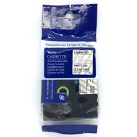 Nhãn in tiêu chuẩn HZe-145, khổ 18mm x 8m, chữ trắng nền trong, dùng cho máy in nhãn Brother