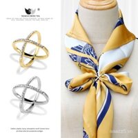 Nhẫn khăn hình chữ X đa năng tối giản, nhẫn khăn vuông mịn cao cấp đính kim cương, kẹp khăn, kẹp góc quần áo, phụ kiện hai công dụng