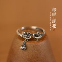 Nhẫn Mạ Bạc 9.4 Hình Cá koi / Hoa Sen May Mắn Phong Cách retro Trung Hoa