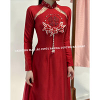 [NHẬN MAY SỐ ĐO, ẢNH THẬT] ÁO DÀI NỮ LỤA VÂN GỖ ĐỎ KHOÉT VAI THÊU KẾT HOA VÀ CHỮ HỶ CAO CẤP ĐI TIỆC, ĐÁM CƯỚI, ĐÁM HỎI