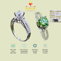 Nhẫn Moissanite kiểu đế tròn chủ 6.5mm màu trắng, Nhẫn bạc nữ xi bạch kim, Nhẫn kim cương nhân tạo moissanite màu xanh