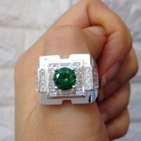 Nhẫn nam mặt vuông đá nhân tạo xanh lá bạc ta cao cấp
