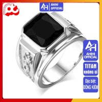 Nhẫn nam titan thời thượng trang điểm kiểu chạm rồng hai bên trangsucpt đá đen nhẫn white color thép không gỉ PTNNA251