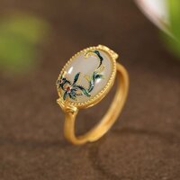 Nhẫn Ngọc Hetian Tự Nhiên Tính Khí Phong Cách Dân Tộc Hoa Mây Trứng Mì Nữ Nhẫn S925 Bạc Mạ Vàng Mở Điều Chỉnh 3.8G