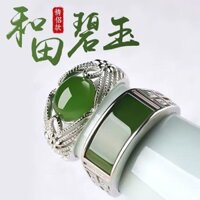 Nhẫn ngọc Hetian và Jasper cho nam và nữ, ngọc tự nhiên, bạc 925, nhẫn ngọc xanh điều chỉnh, quà sinh nhật I9QH