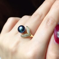 Nhẫn Ngọc Trai Nuôi Tự Nhiên 8-9mm Đuôi cá Đen Freesize