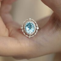 Nhẫn Nữ Đá Aquamarine Bạc Sterling S925 Đơn Giản Nhật Bản Và Hàn Quốc T-B Nhẫn Đá Topaz Màu Xanh Dương Nhạt Siêu Sáng