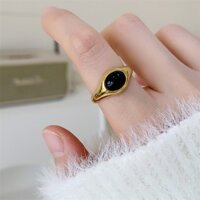 Nhẫn nữ mạ vàng dạng trơn mặt nhẫn gắn đá cao cấp màu đen hợp kim titan cao cấp phong cách Boho