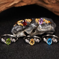 Nhẫn Nữ S925 Bạc Có Thể Điều Chỉnh Nhẫn Kẻ Sọc Tự Nhiên Topaz Garnet Ametrine Olivine Lá Màu Đá Quý Nhẫn Nữ Phong Cách Làm Việc