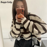 Nhàn rỗi Phong Cách Áo Chui Đầu Sọc Dệt Kim Áo Len Tay Rách Thiết Kế Cảm Giác Rời Crop Top