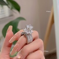 Nhẫn xi bạch kim bản dày đính đá paguet đài hoa cao câp, nhẫn nữ hột cao dáng to sang trọng .PTNACC.