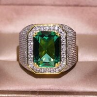Nhẫn Zircon Ngọc Lục Bảo Xanh 18K Cho Nam Full Kim Cương Cưới Đính Hôn Tiệc Trang Sức