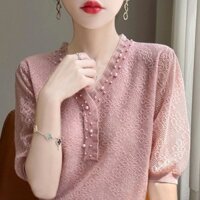 Nhanh lên [Áo len len lụa dâu tằm] Áo len ngắn tay đính cườm cổ chữ v dành cho nữ Mùa hè phong cách mới Half @