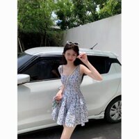 Nhật Bản Chuông Gió Xanh Cổ Vuông Hoa Treo Váy Pháp Nhẹ Nhàng Tươi Nẹp Eo Ôm Hơn Nhìn Váy Ngắn