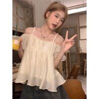 Nhật Bản Nhẹ Nhàng Ngoài Vai Áo Sơ Mi Voan Nữ Mùa Hè Đẹp Sang Trọng Áo Sơ Mi Nhỏ Thời Trang Giảm Tuổi Sling Áo Sơ Mi Nhỏ