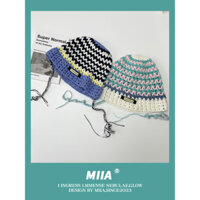 Nhật Bản Retro Hồng Xanh Sọc Tay Đan Dây Nón Mùa Xuân Hè Tua Rua Rỗng Che Nắng Mũ Nữ