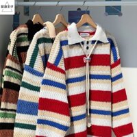 Nhật Bản Sọc Đỏ Cổ Áo Len Nam Nữ oversize Cặp Đôi Dệt Kim Phong Cách Lười BF Mùa Xuân Thu Áo Khoác