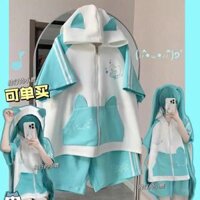 Nhật Bản Top Tai Mèo Bánh Mì Dễ Thương Có Mũ Trùm Đầu Mềm Mại Cô Gái Anime Thể Thao Tay Ngắn Dây Kéo Áo Len + Quần Short Phù Hợp Với Nữ Tiểu Văn Hóa Y2k