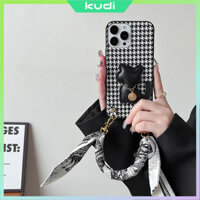 Nhẹ Phong Cách Sang Trọng Houndstooth-Silk Khăn Di Động-Leather Cat Apple Vỏ Điện Thoại Thích Hợp Cho iPhone16promax / iPhone15 14 / iPhonexsmax / iPhone 13 mini