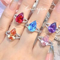 Nhẹ Thiết Kế Sang Trọng Cảm Thấy Biển Xanh Kim Cương Giọt Nước Lê Vòng Hao Kẻ Sọc Cao Carbon Kim Cương Đỏ Corundum Sang Trọng Đơn Giản Nhiều Màu Sắc Kho Báu Nhẫn Nữ