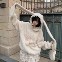 NHG CLOTHES Áo nỉ bông hoddie con thỏ tai dài mũ áo mix bèo ren dây cục bông